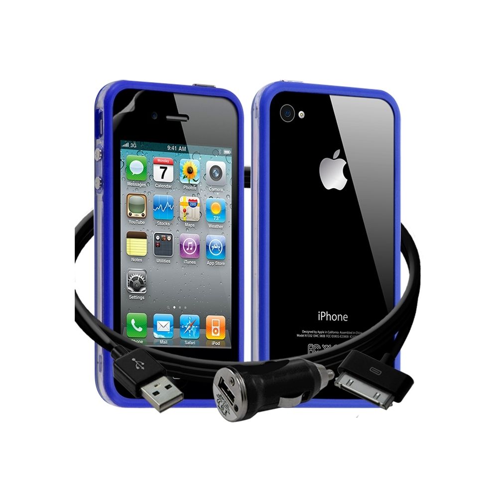 Karylax - Housse Etui Coque Bumper bleu pour Apple iPhone 4/4S + chargeur auto + film - Support téléphone pour voiture