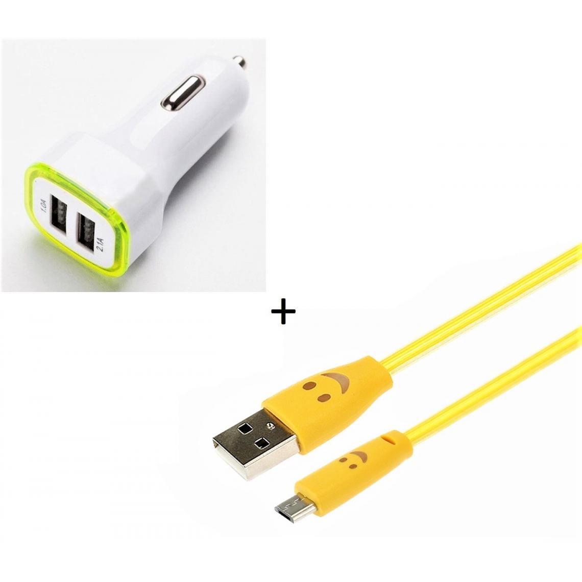 Shot - Pack Chargeur Voiture pour XIAOMI Redmi S2 Smartphone Micro USB (Cable Smiley + Double Adaptateur LED Allume Cigare) (JAUNE) - Chargeur Voiture 12V