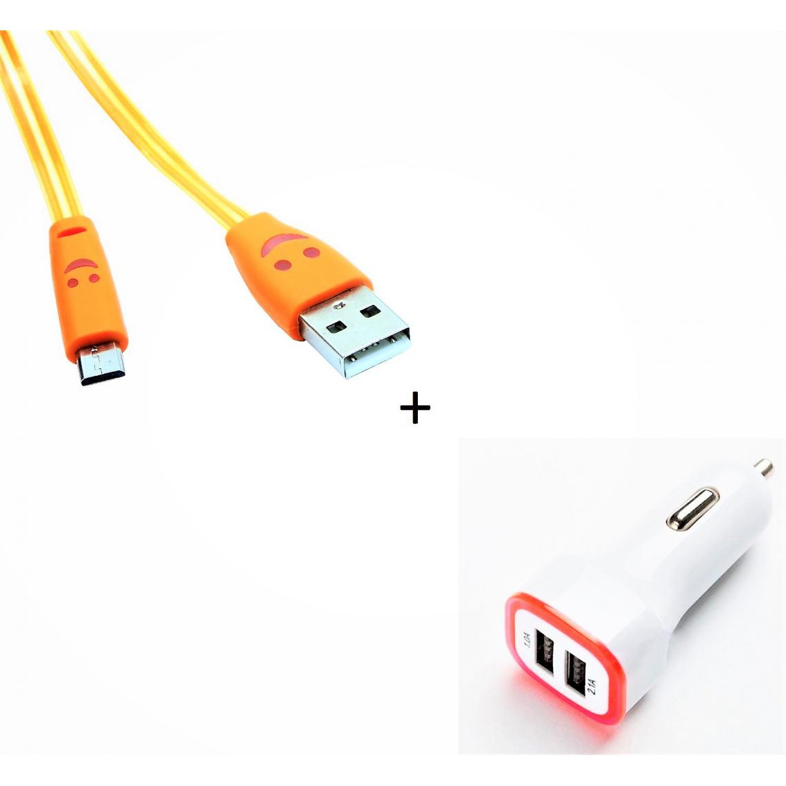 Shot - Pack Chargeur Voiture pour "WIKO Y81" Smartphone Micro USB (Cable Smiley + Double Adaptateur LED Allume Cigare) (ORANGE) - Chargeur Voiture 12V