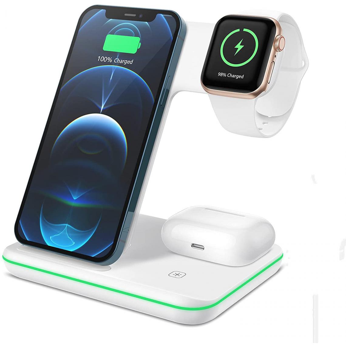 Chrono - Chargeur sans fil, station de charge rapide certifiée Qi 3 en 1 compatible avec Apple Watch SE/6/5/4/3/2/AirPods 2/Pro, chargeur sans fil pour iPhone 12/11/Pro Max/XS/XS Max/XR /X/8/8P/Samsung S20/S10,(blanc) - Chargeur secteur téléphone
