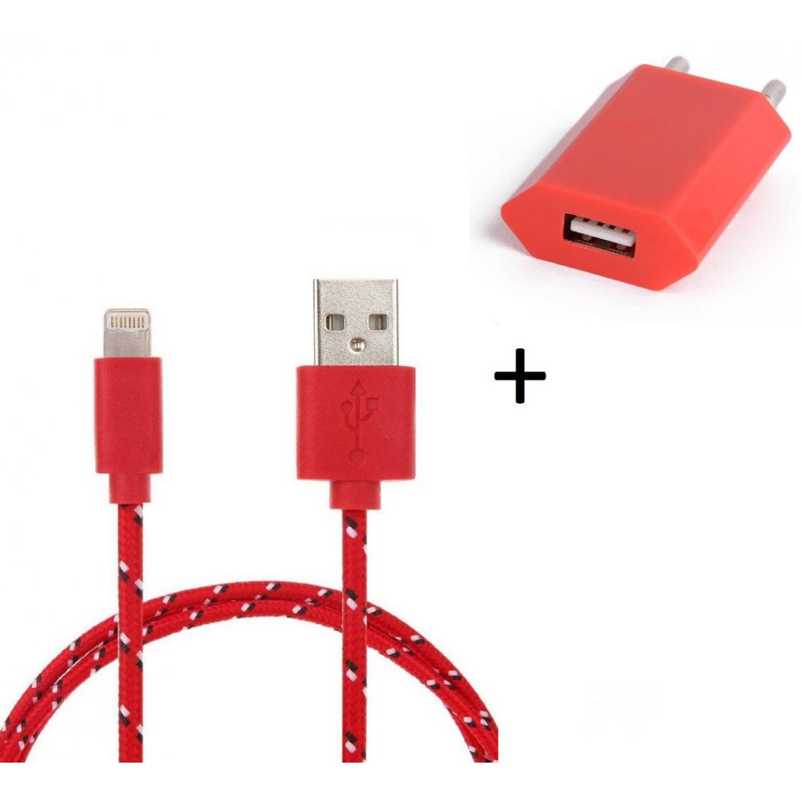Shot - Pack Chargeur pour "IPHONE 12 Pro" Lightning (Cable Tresse 3m Chargeur + Prise Secteur USB) Murale (ROUGE) - Chargeur secteur téléphone