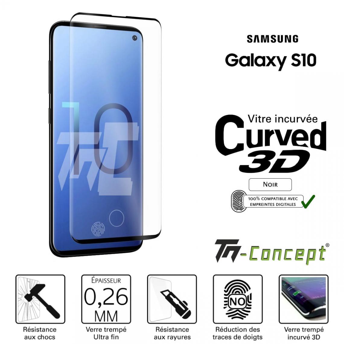 Tm Concept - Verre trempé 3D - Samsung Galaxy S10 - Noir - Encoche empreintes digitales - Protection écran smartphone