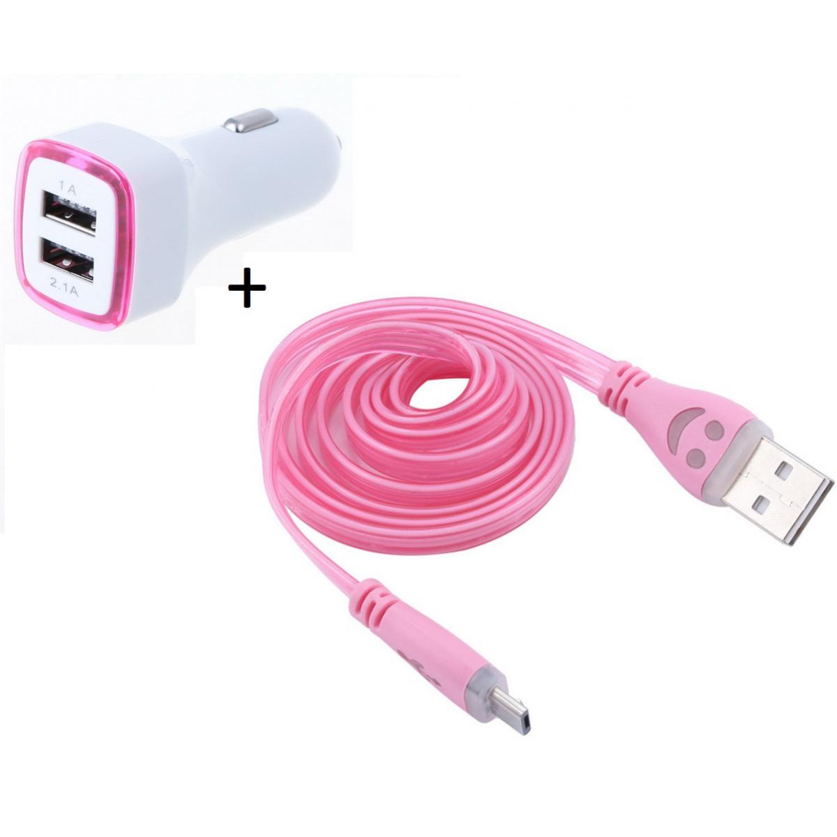 Shot - Pack Chargeur Voiture pour WIKO Y80 Smartphone Micro USB (Cable Smiley + Double Adaptateur LED Allume Cigare) (ROSE) - Chargeur Voiture 12V