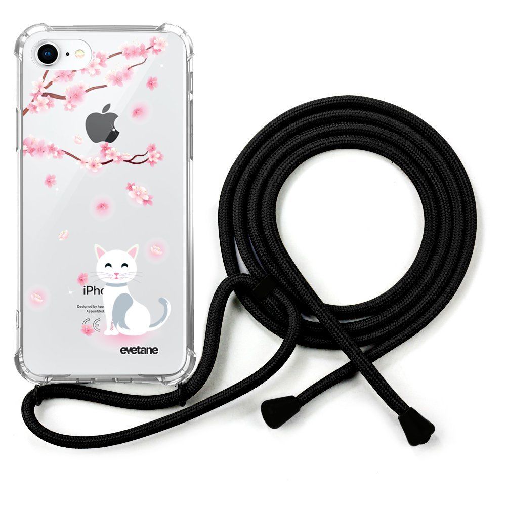 Evetane - Coque cordon iPhone 7/8/ iPhone SE 2020 cordon noir Dessin Chat et Fleurs Evetane. - Coque, étui smartphone