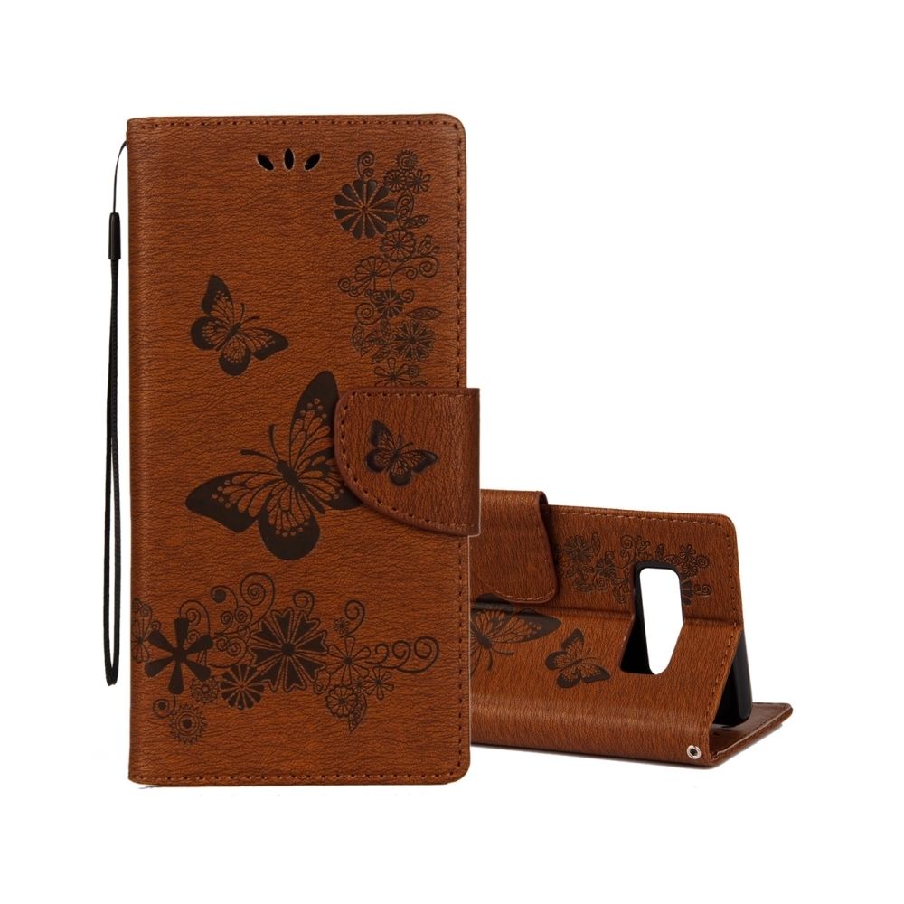 Wewoo - Coque brun pour Samsung Galaxy Note 8 fleurs pressées motif papillon horizontal étui en cuir flip avec titulaire et fentes cartes portefeuille lanière - Coque, étui smartphone