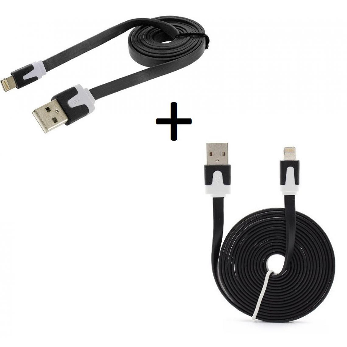 Shot - Pack Chargeur pour IPHONE 11 Lightning (Cable Noodle 3m + Cable Noodle 1m) USB APPLE IOS (NOIR) - Chargeur secteur téléphone
