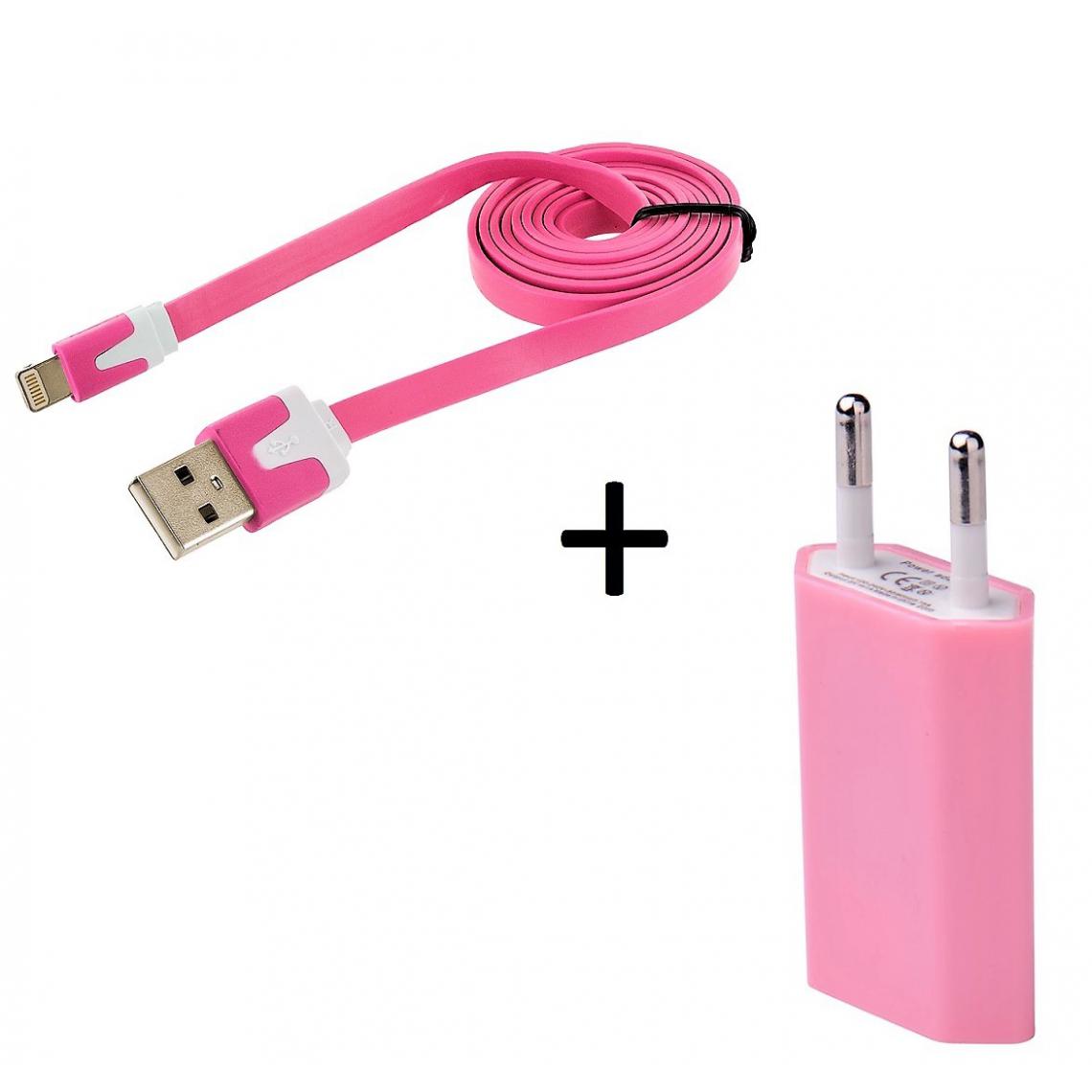 Shot - Cable Noodle 1m Chargeur + Prise Secteur pour IPHONE 11 Pro APPLE USB Lightning Murale Pack (ROSE PALE) - Chargeur secteur téléphone