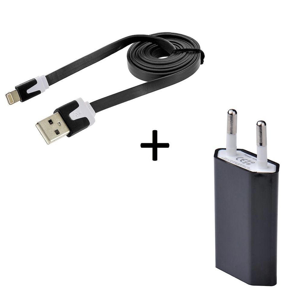Shot - Cable Noodle 1m Chargeur + Prise Secteur pour IPHONE 7 Plus APPLE USB Lightning Murale Pack (NOIR) - Chargeur secteur téléphone