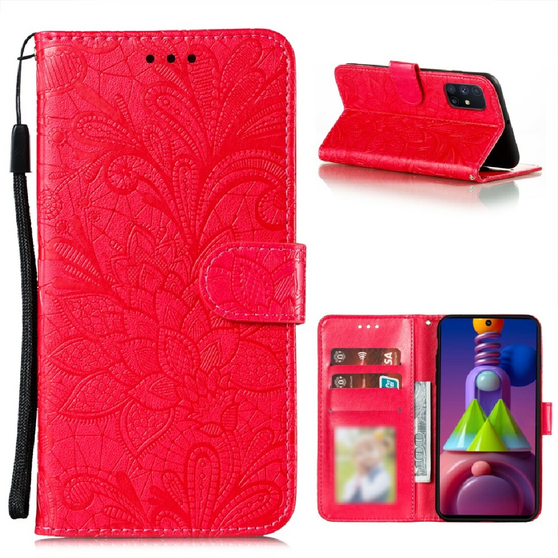 Other - Etui en PU impression de fleurs en dentelle rouge pour votre Samsung Galaxy M51 (Side Fingerprint Version) - Coque, étui smartphone