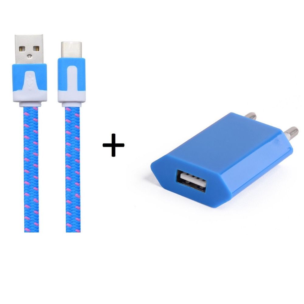 Shot - Pack Chargeur pour HONOR 9 Smartphone Type C (Cable Noodle 1m Chargeur + Prise Secteur USB) Murale Android (BLEU) - Chargeur secteur téléphone