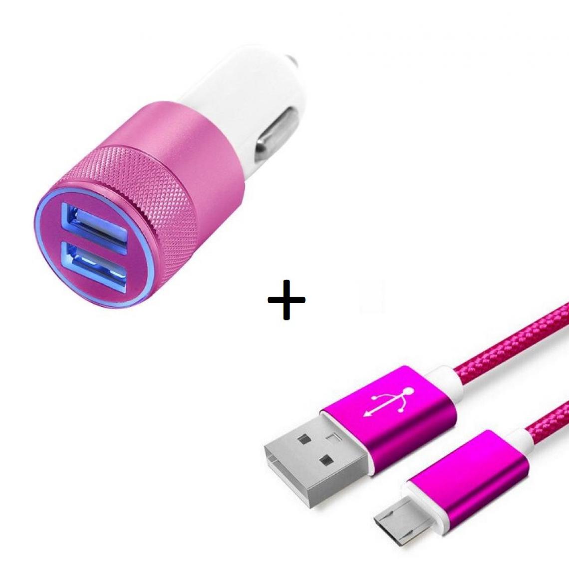 Shot - Pack Chargeur Voiture pour WIKO View 2 Plus Smartphone Micro USB (Cable Metal Nylon + Double Adaptateur Allume Cigare) (ROSE) - Chargeur Voiture 12V