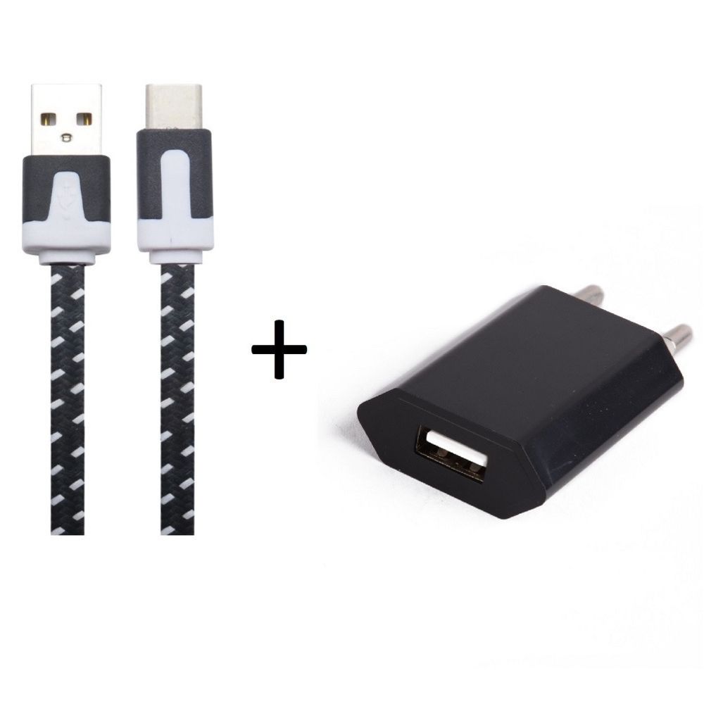 Shot - Pack Chargeur pour LeEco Le 2 Smartphone Type C (Cable Noodle 1m Chargeur + Prise Secteur USB) Murale Android (NOIR) - Chargeur secteur téléphone