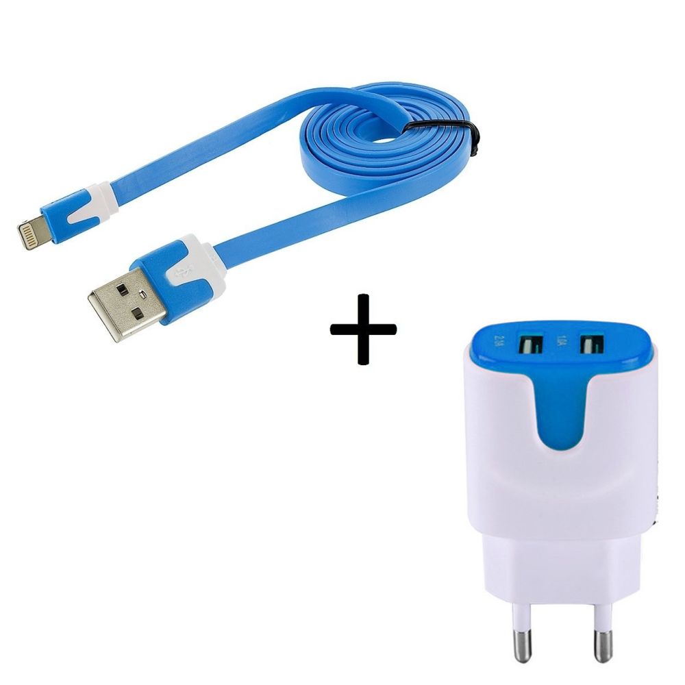 marque generique - Pack Chargeur pour IPHONE SE Smartphone Micro-USB (Cable Noodle 1m Chargeur + Double Prise Secteur Couleur USB) Android (BLEU) - Chargeur secteur téléphone