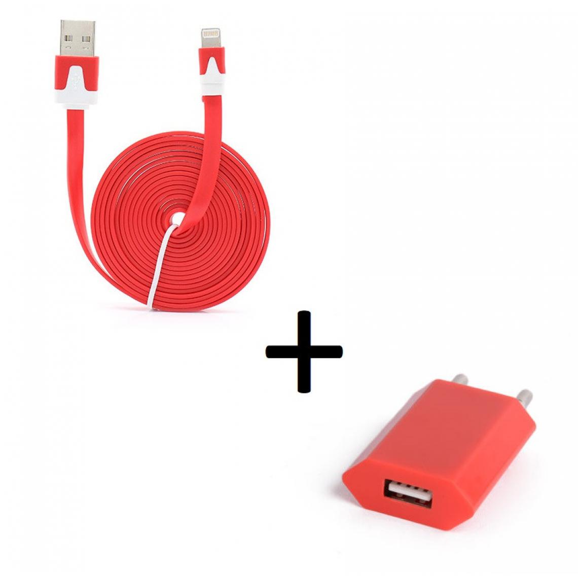 Shot - Pack Chargeur pour "IPHONE 12 Pro Max" Lightning (Cable Noodle 3m + Prise Secteur Couleur USB)IOS (ROUGE) - Chargeur secteur téléphone