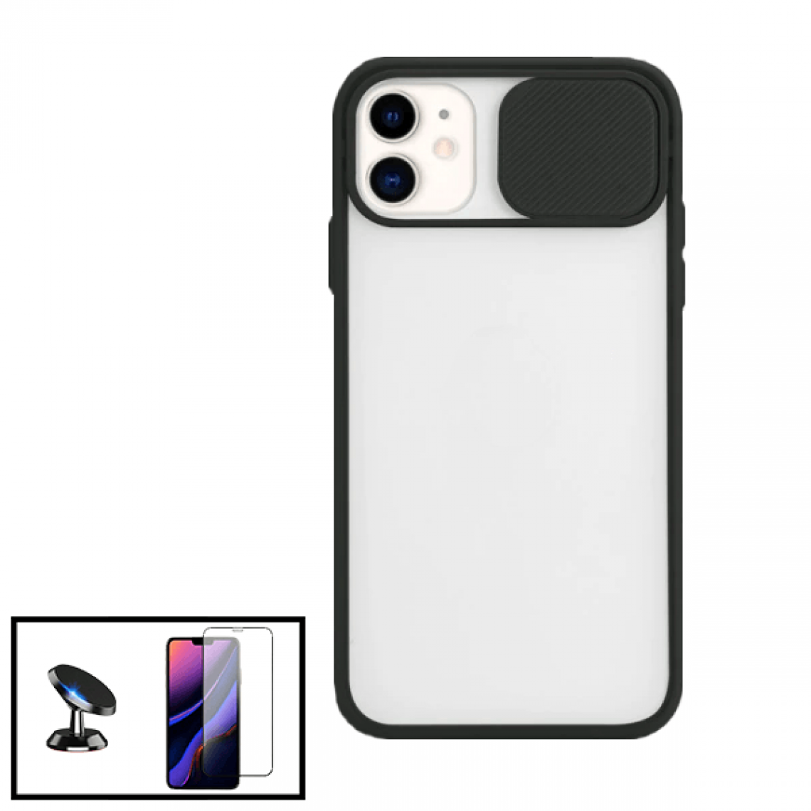 Phonecare - Kit Coque avec fenetre anti-choc mat + Film de Verre Trempé 5D à Couverture Complète + Support Magnétique de Voiture pour iPhone X - noir - Coque, étui smartphone