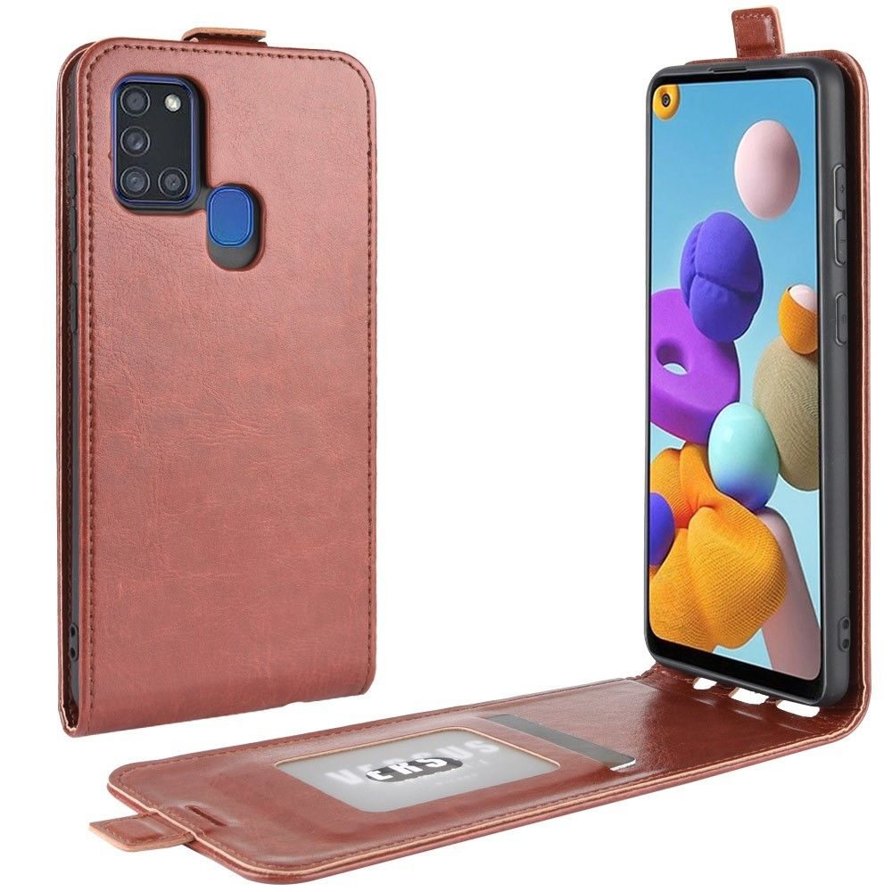 Generic - Etui en PU flip vertical de peau de cheval fou marron pour votre Samsung Galaxy A21s - Coque, étui smartphone