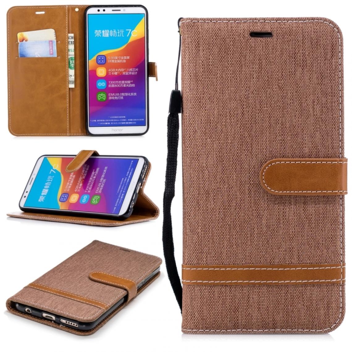Wewoo - Housse Coque Étui en cuir de couleur assortie à la texture de denim pour Huawei Honor 7C / Enjoy 8avec porte-cartes et & Portefeuille & Lanière Marron - Coque, étui smartphone