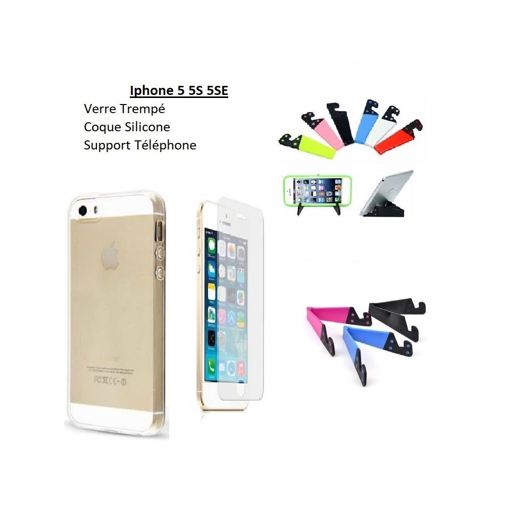 marque generique - Coque Silicone GEL + Verre Trempé Iphone 5 5S 5SE - Support Offert - - Coque, étui smartphone