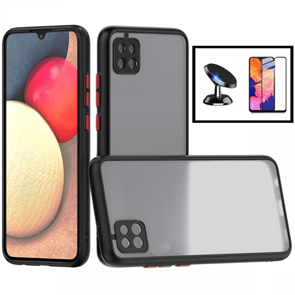 Phonecare - Kit Coque antichoc caméra protection + Film de Verre Trempé 5D à Couverture Complète + Support Magnétique de Voiture pour Samsung Galaxy A12 - noir - Coque, étui smartphone