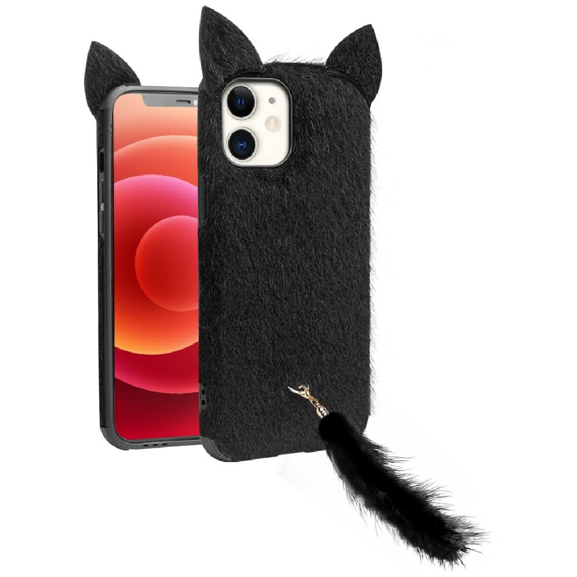 Qialino - Coque en TPU peluche plaine enduite avec une courroie de queue et d'oreilles de chat en peluche noir pour votre Apple iPhone 12 mini - Coque, étui smartphone