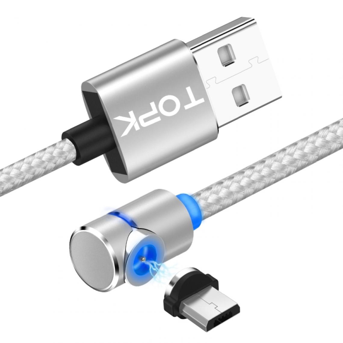 Wewoo - Câble de charge magnétique coudé à 90 degrés USB à Micro USB 2,4 A Max avec indicateur à LED argent - Chargeur secteur téléphone
