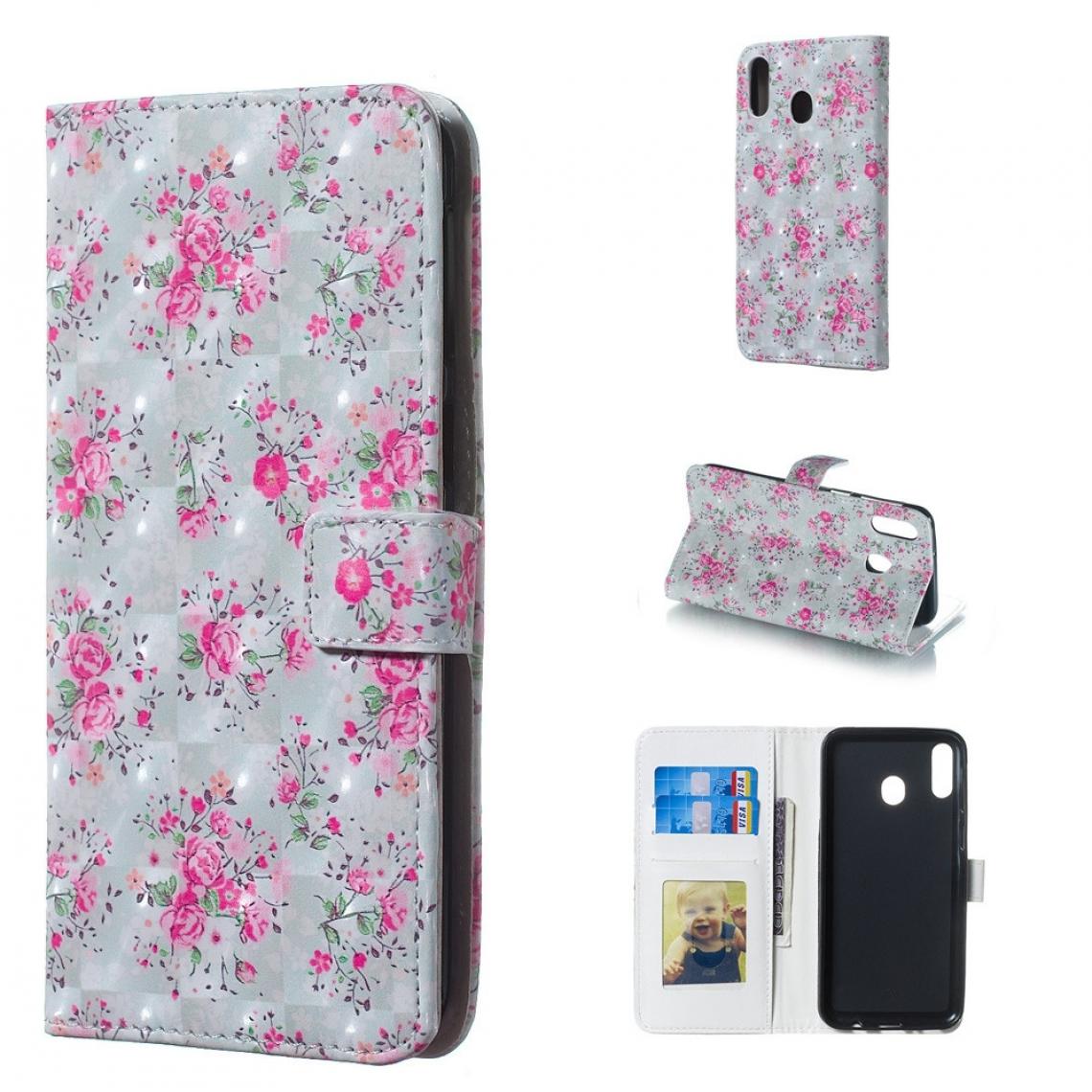 Wewoo - Housse Coque Etui à rabat horizontal en 3D motif rose pour Galaxy M20avec porte-cartes et fentes cartescadre photo et porte-monnaie - Coque, étui smartphone