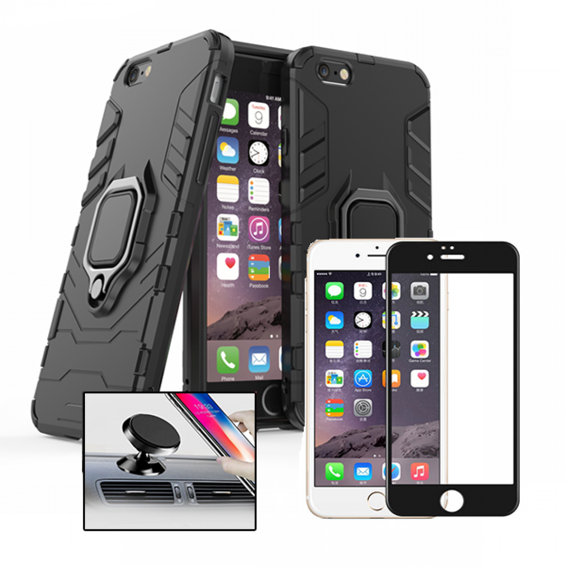 Phonecare - Kit de Verre Trempé 5D Full Cover + Coque 3X1 Military Defender + Support Magnétique de Voiture - Iphone 6 / 6S - Coque, étui smartphone