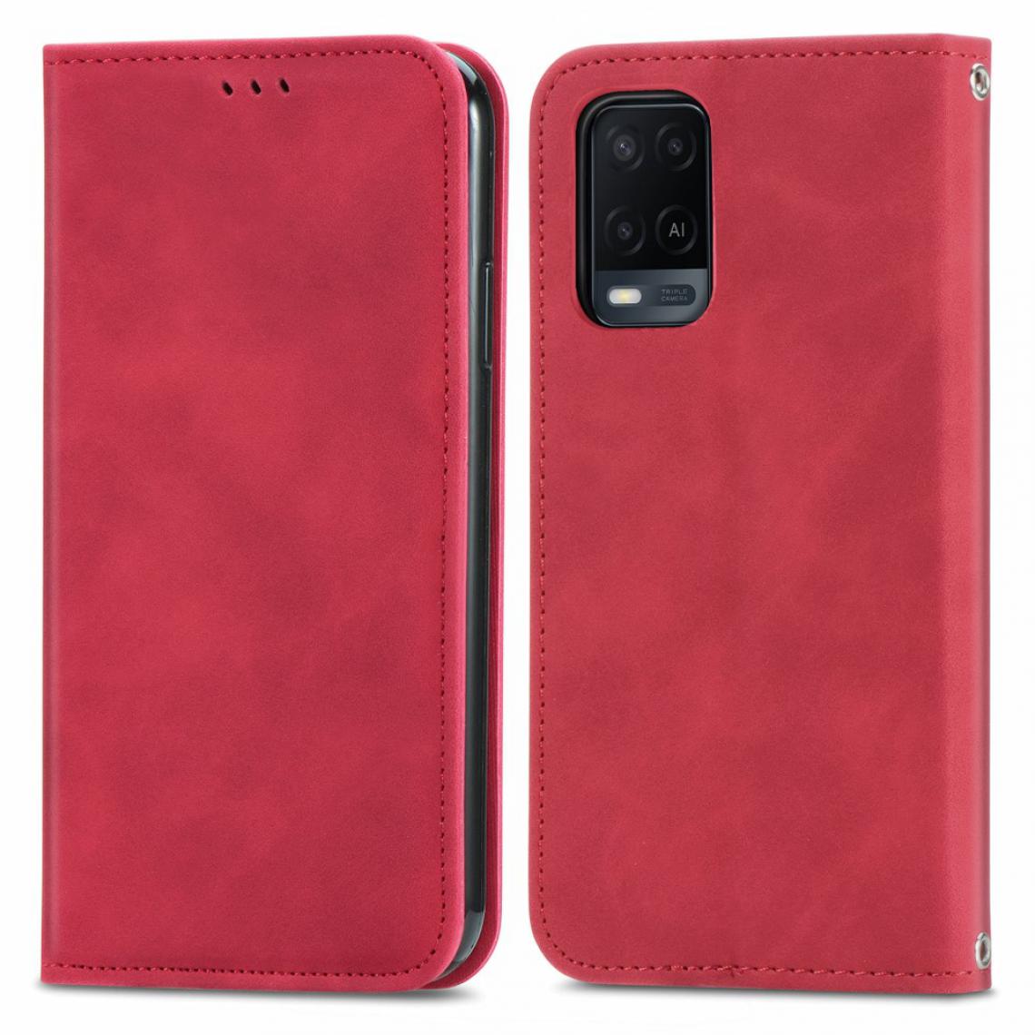 Other - Etui en PU Style Vintage Peau Lisse Auto-absorbée avec porte-cartes rouge pour votre Oppo A54 4G - Coque, étui smartphone