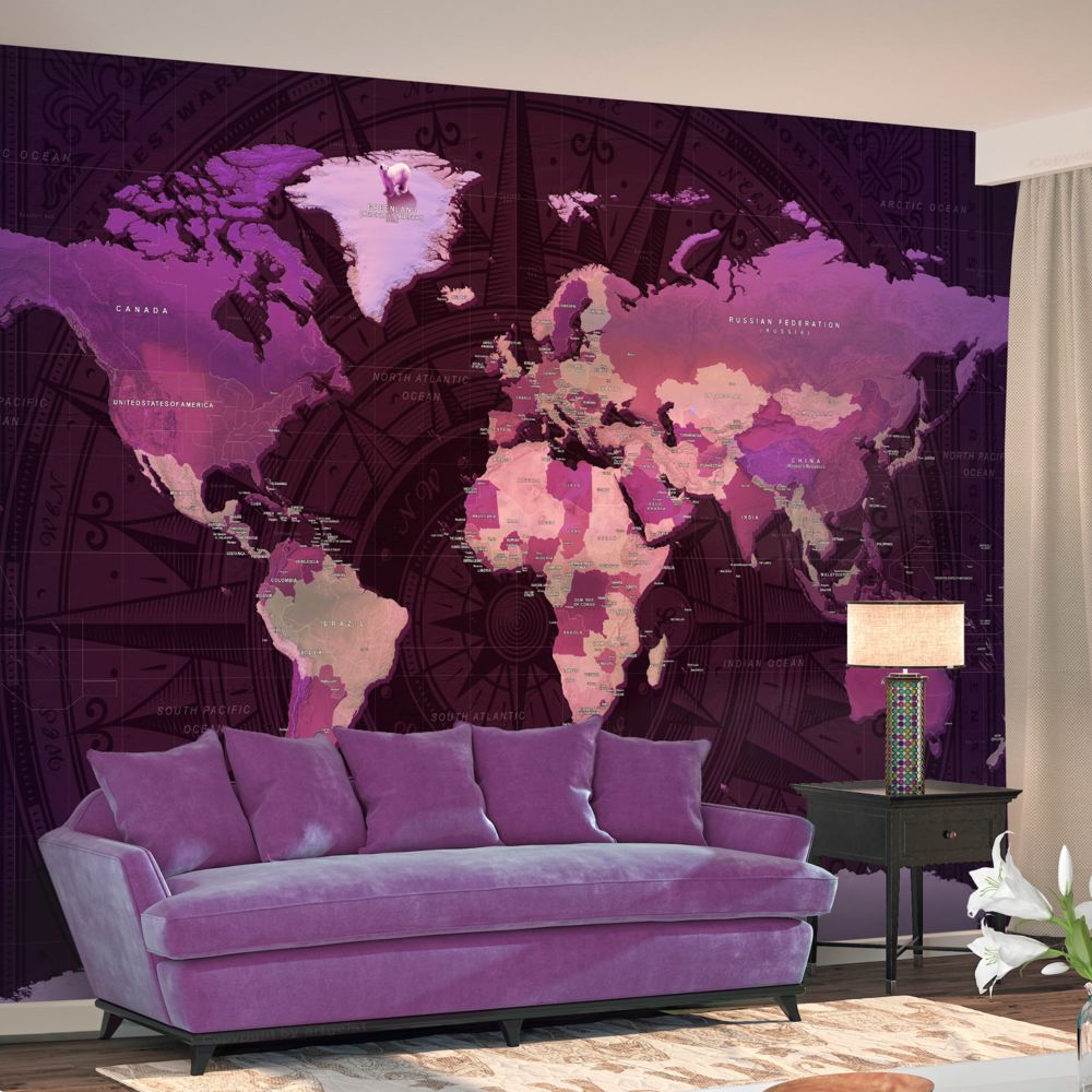 Bimago - Papier peint - Purple World Map - Décoration, image, art | Carte du monde | - Papier peint
