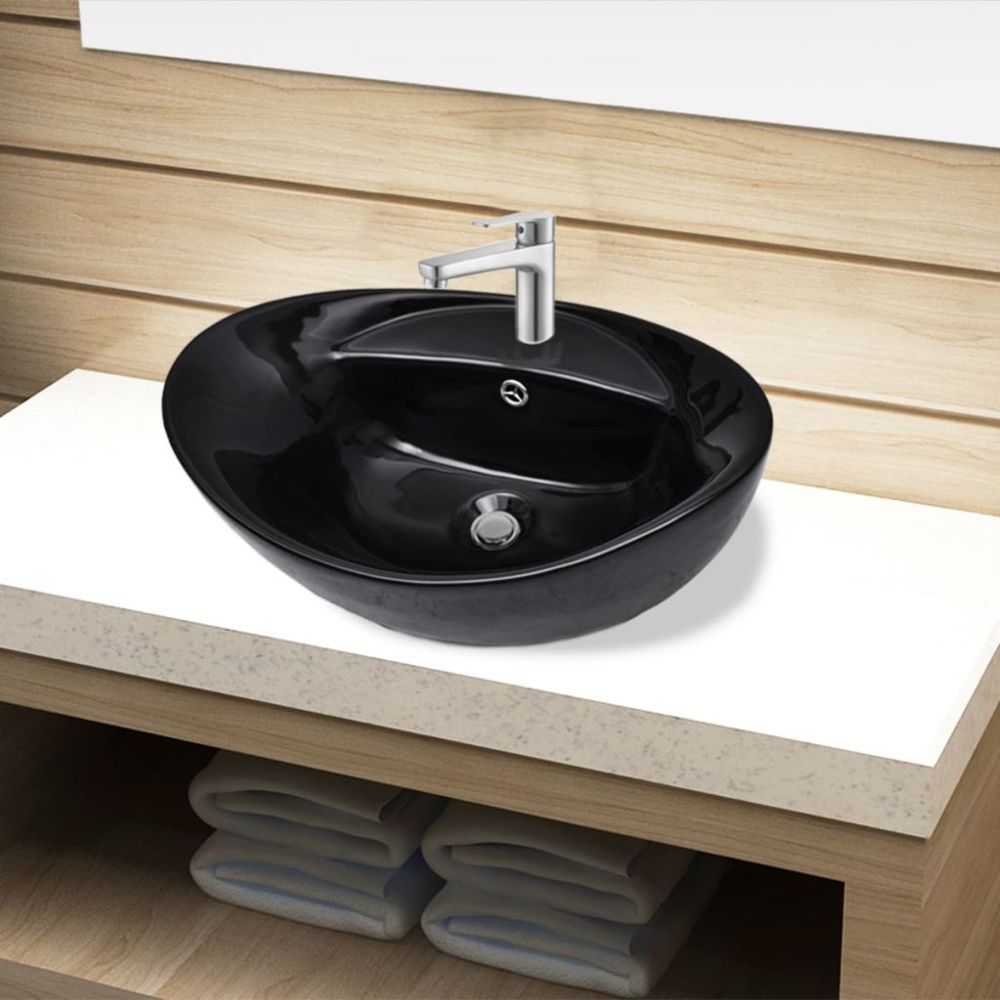 Vidaxl - Vasque ovale à trou trop-plein/robinet céramique pour salle de bain | Noir - Lavabo