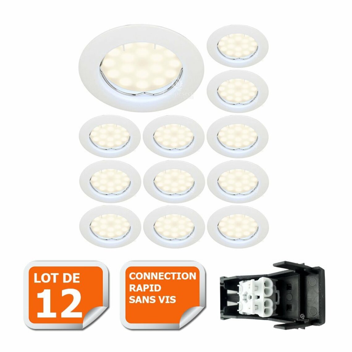 Lampesecoenergie - LOT DE 12 SPOT LED COMPLETE RONDE FIXE eq. 50W BLANC CHAUD - Boîtes d'encastrement