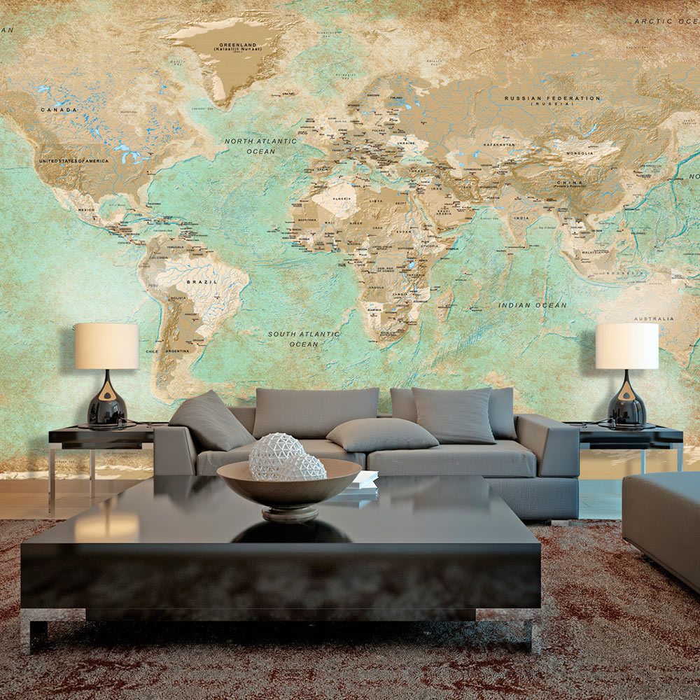 Bimago - Papier peint XXL - Turquoise World Map II - Décoration, image, art | Carte du monde | 500x280 cm | XXl - Grand Format | - Papier peint