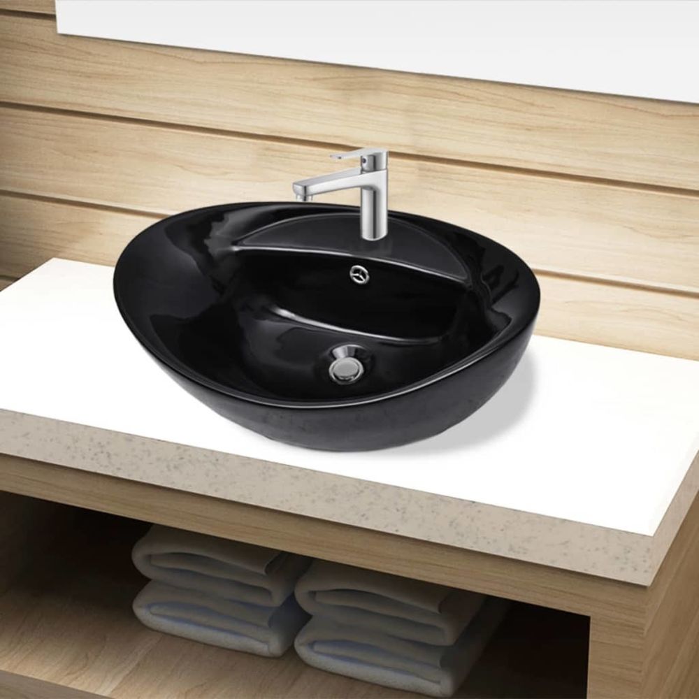 Vidaxl - vidaXL Vasque ovale à trou trop-plein/robinet céramique pour salle de bain - Lavabo