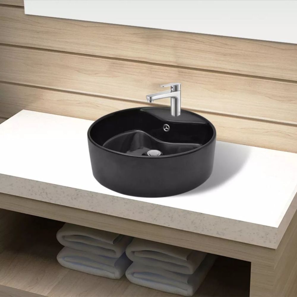 Vidaxl - Vasque rond à trou robinet/trop-plein céramique pour salle de bain | Noir - Lavabo