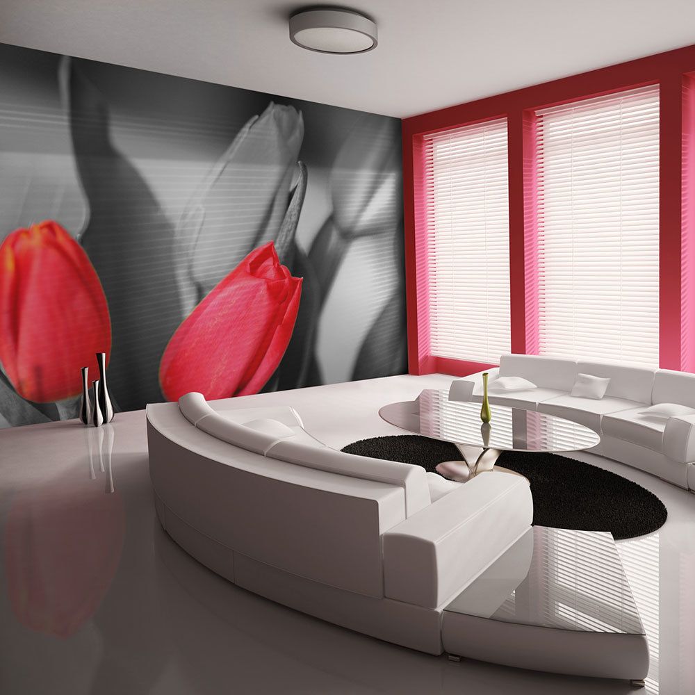 Bimago - Papier peint - Tulipes rouges sur fond noir et blanc - Décoration, image, art | Fleurs | Tulipes | - Papier peint