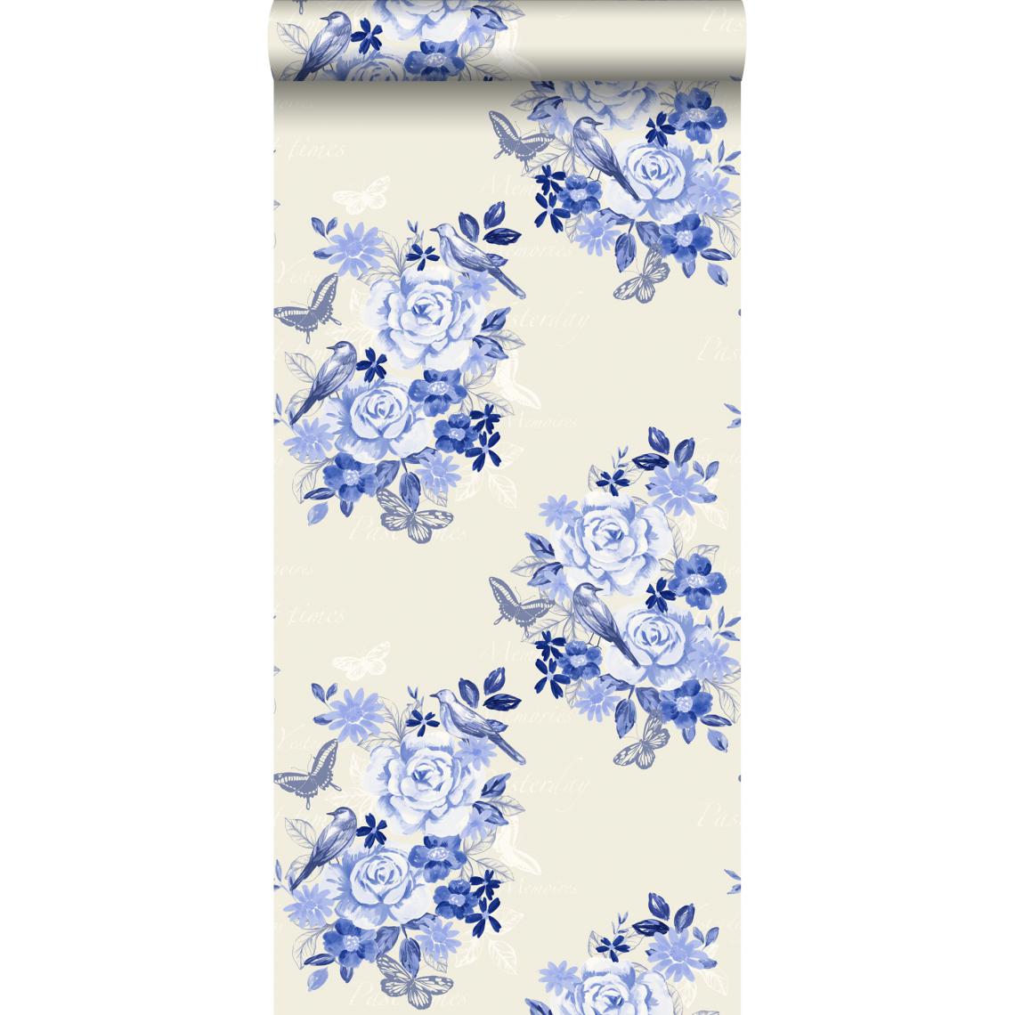 ESTAhome - ESTAhome papier peint fleurs et oiseaux bleu indigo - 138124 - 53 cm x 10,05 m - Papier peint