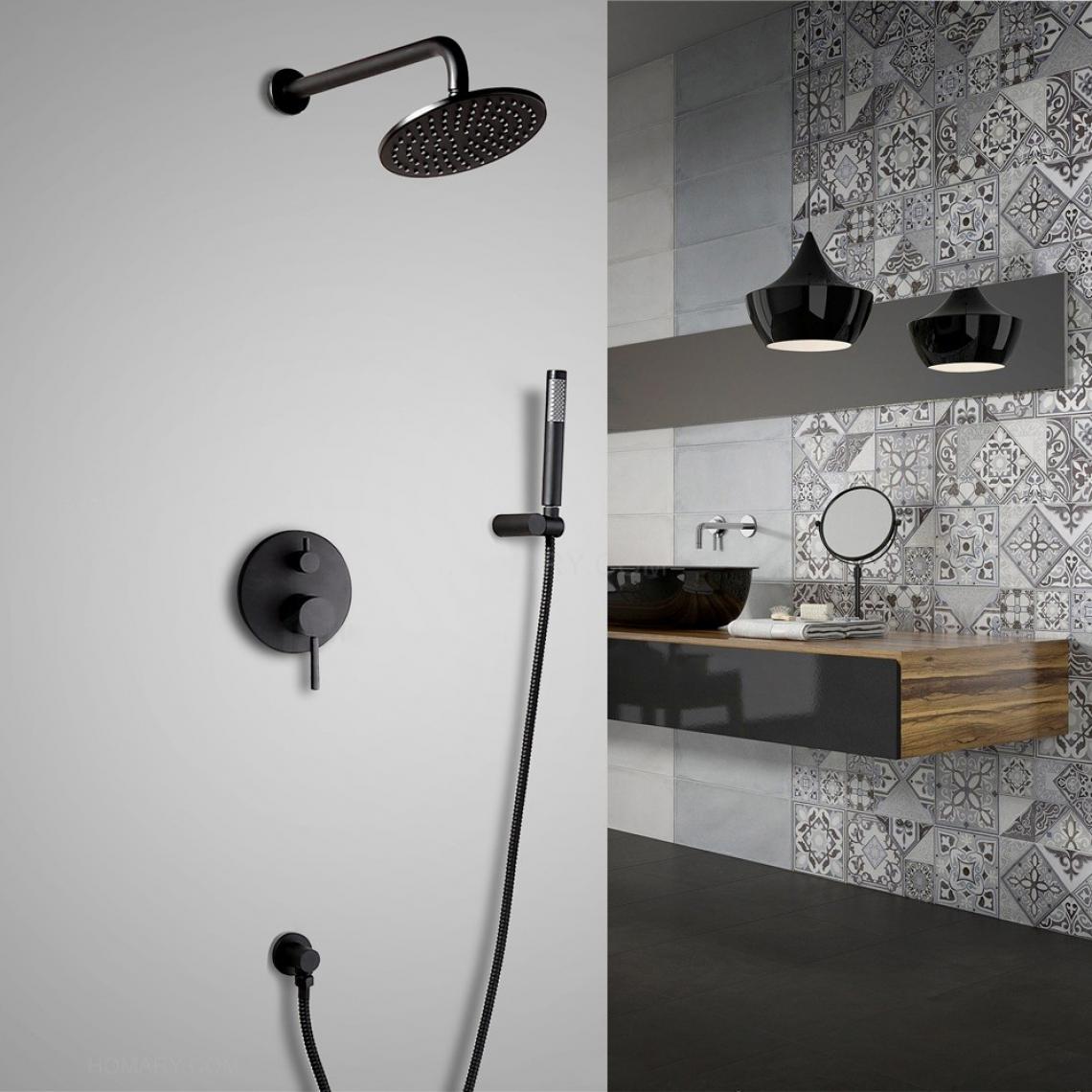 Kroos - Ensemble de douche thermostatique mural avec douchette finition noir support mural 250 mm - Mitigeur douche