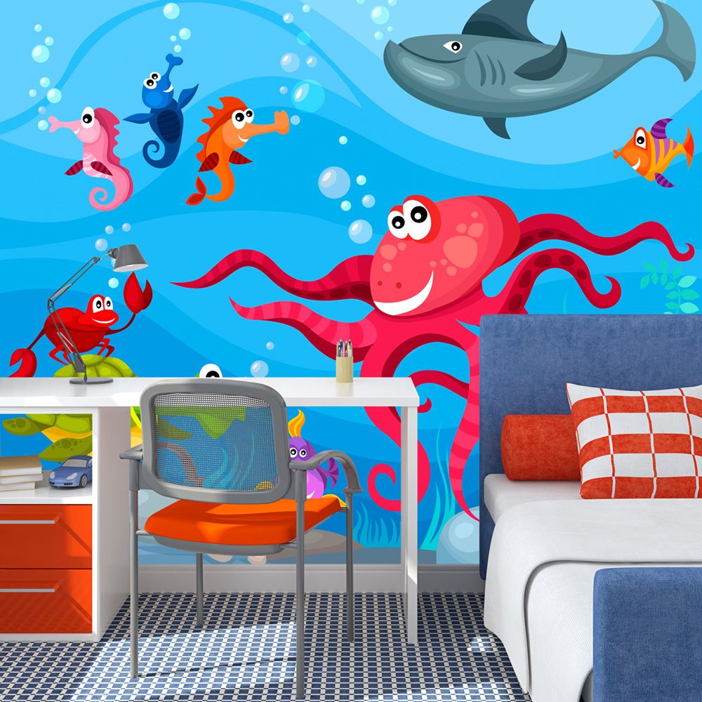 Bimago - Papier peint - Poulpe et requin - Décoration, image, art | Pour enfants | - Papier peint