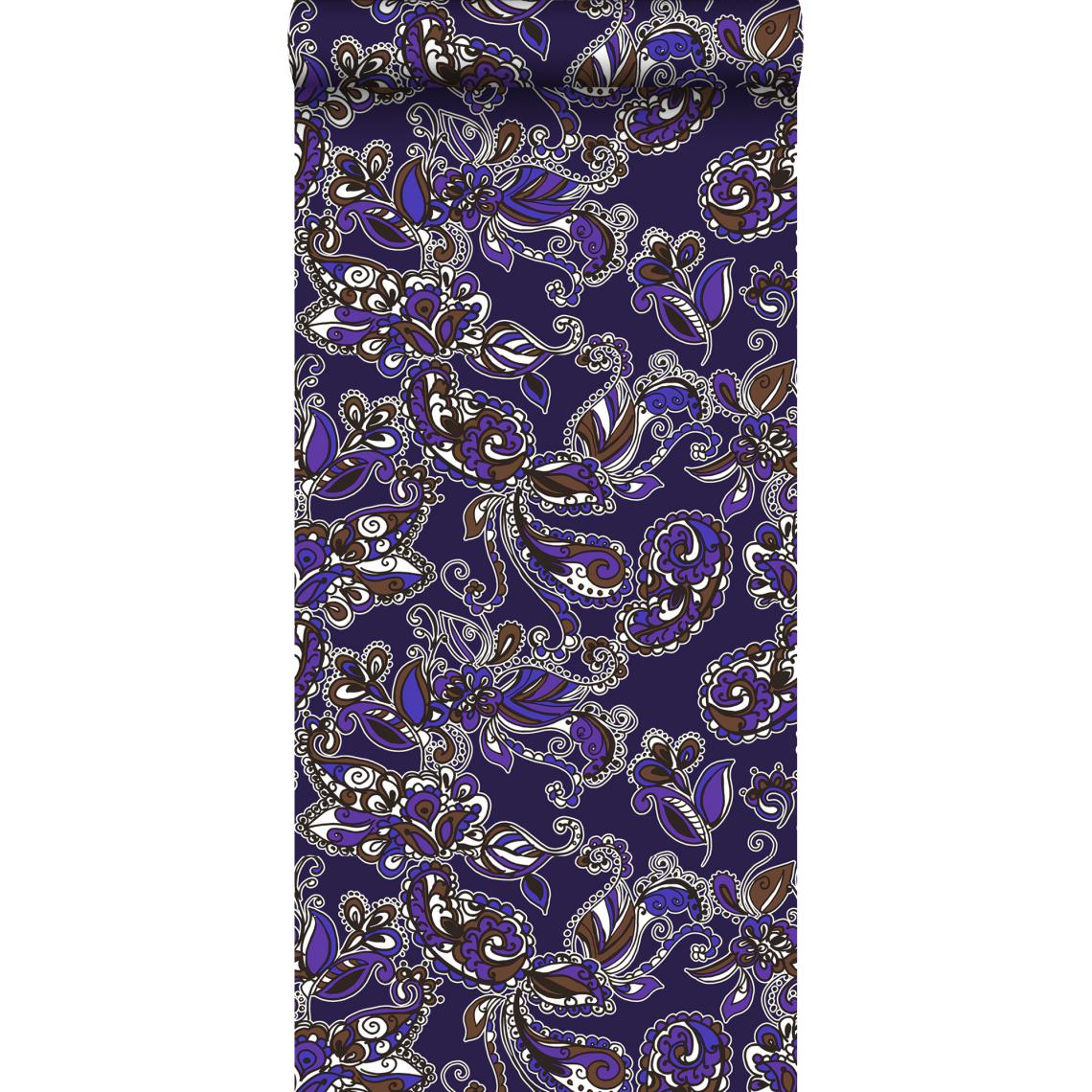 ESTAhome - ESTAhome papier peint fleurs et paisleys violet et marron - 136843 - 53 cm x 10,05 m - Papier peint