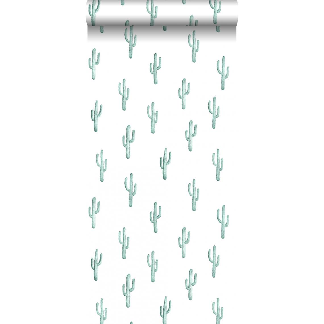 ESTAhome - ESTAhome papier peint petit cactus du désert turquoise grisé - 138898 - 53 cm x 10,05 m - Papier peint