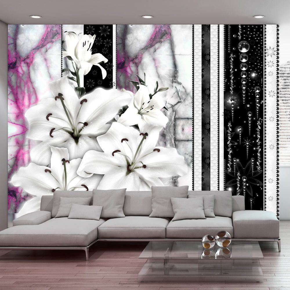 Artgeist - Papier peint - Crying lilies on purple marble 350x245 - Papier peint