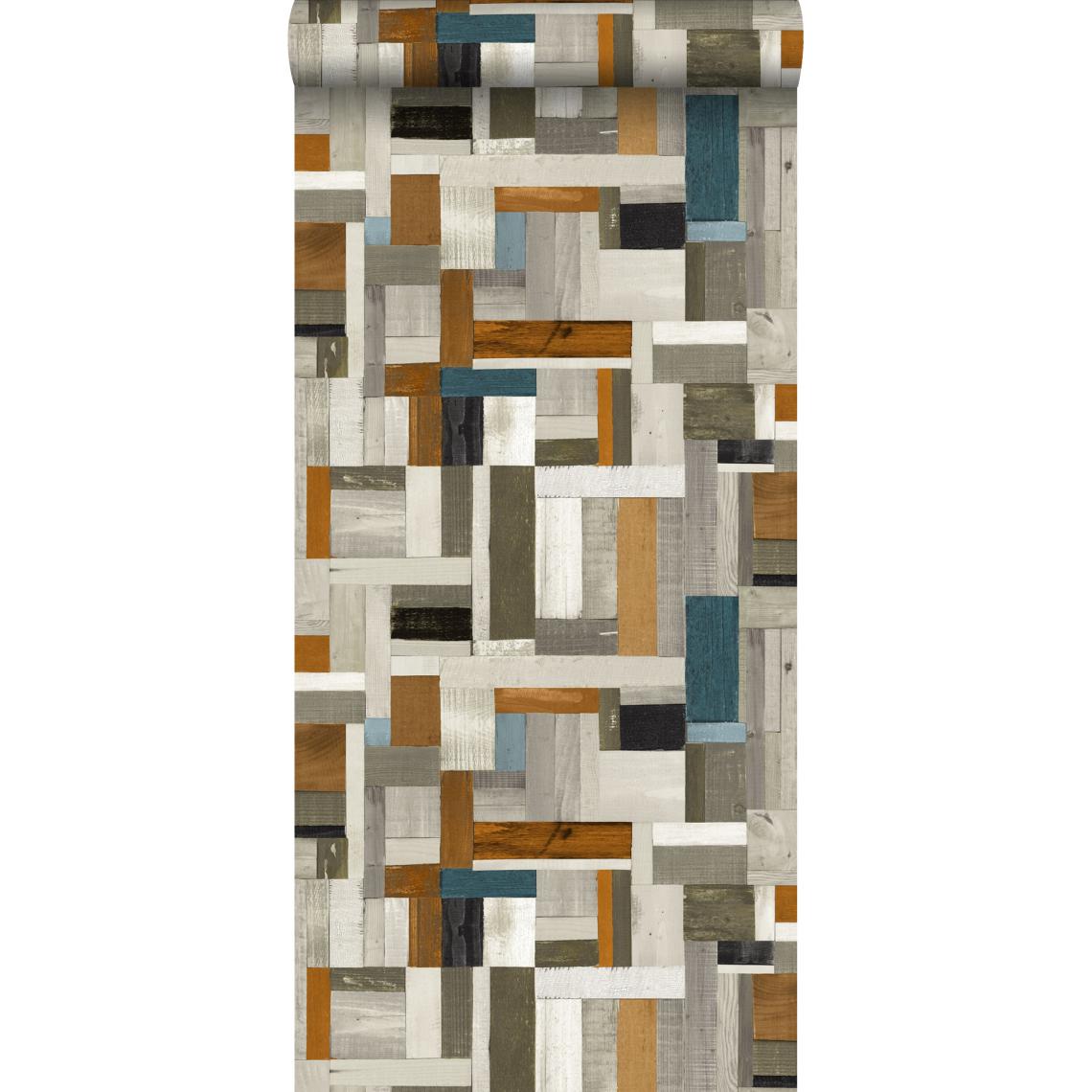 ESTAhome - ESTAhome papier peint imitation bois gris, marron et bleu gris - 138515 - 53 cm x 10,05 m - Papier peint