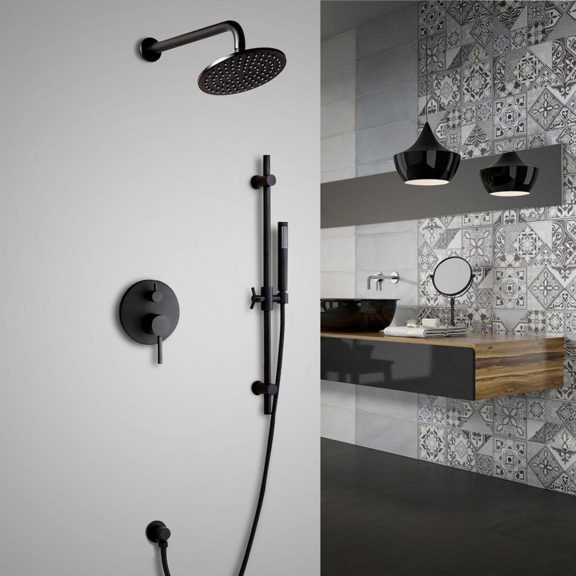 Kroos - Ensemble de douche thermostatique mural avec douchette finition noir Barre de douche 300 mm - Mitigeur douche