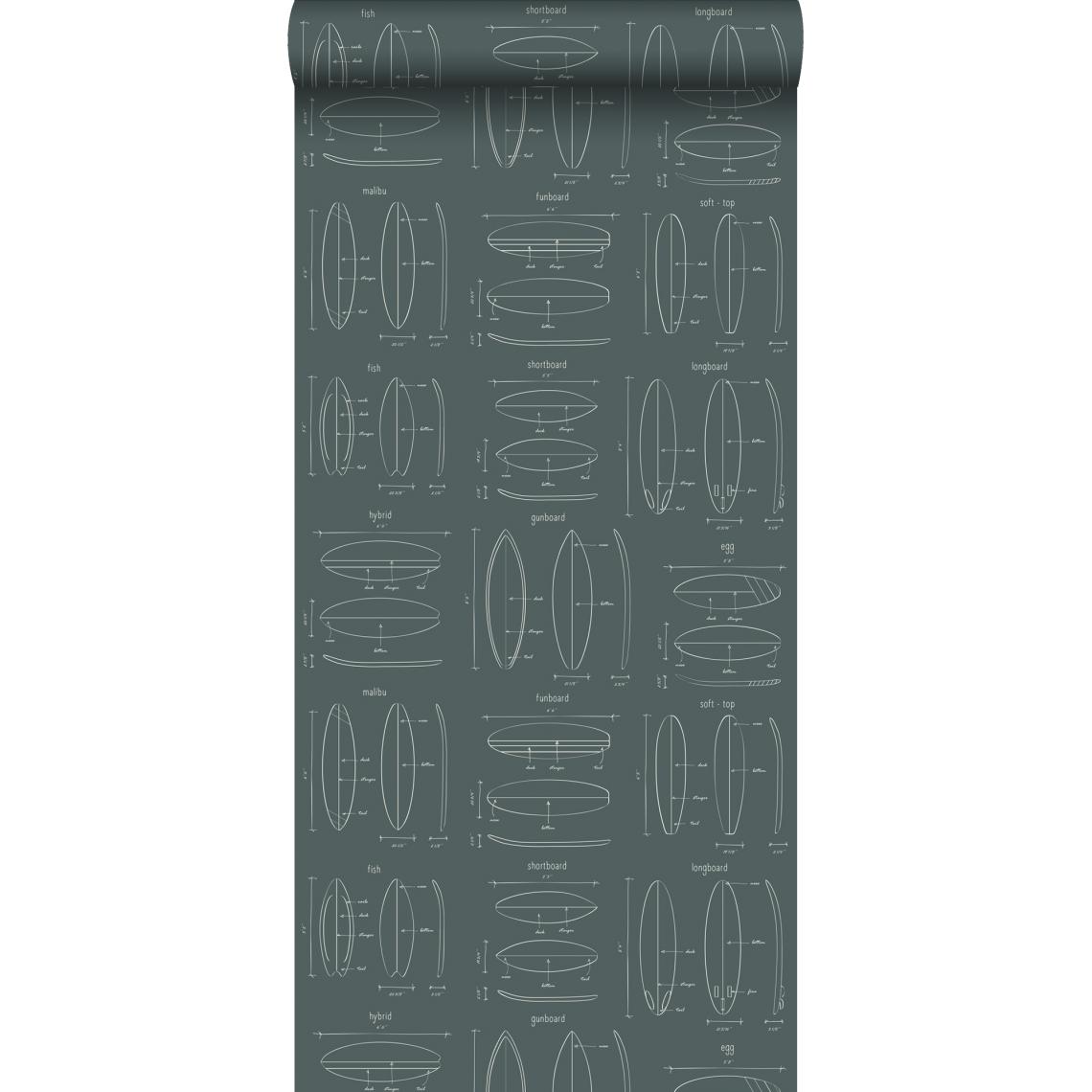 ESTAhome - ESTAhome papier peint dessins techniques de planches de surf vert grisé - 128870 - 0.53 x 10.05 m - Papier peint