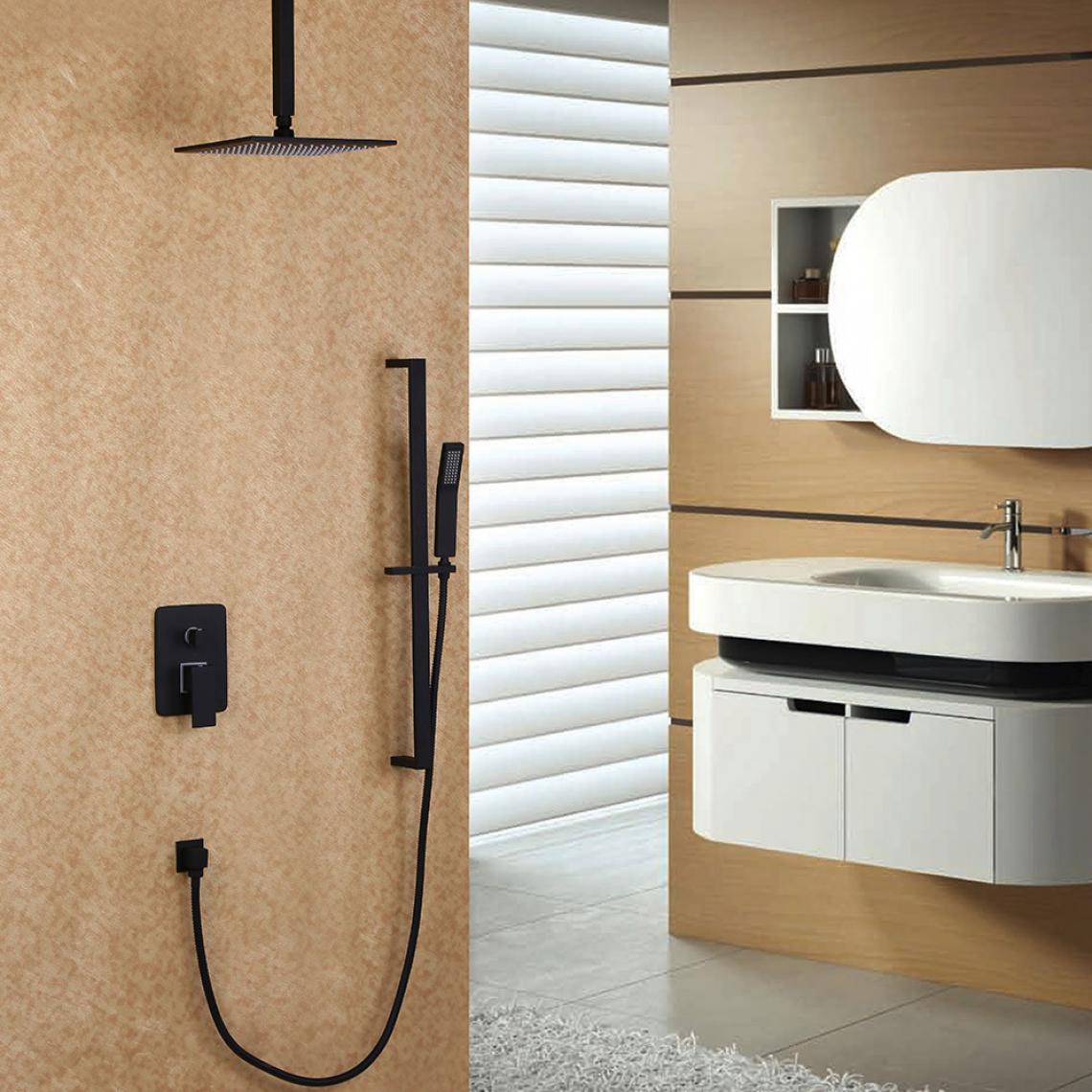 Kroos - Tête de douche à fixation au plafond et système de douchette à glissière en noir 250 mm - Mitigeur douche