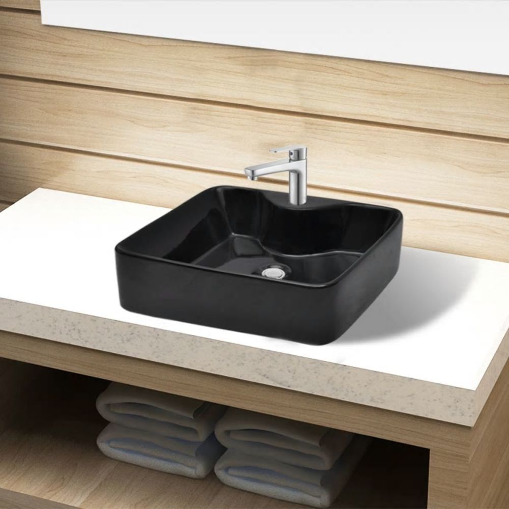 Vidaxl - Vasque carrée à trou pour robinet céramique Noir pour salle de bain | Noir - Lavabo