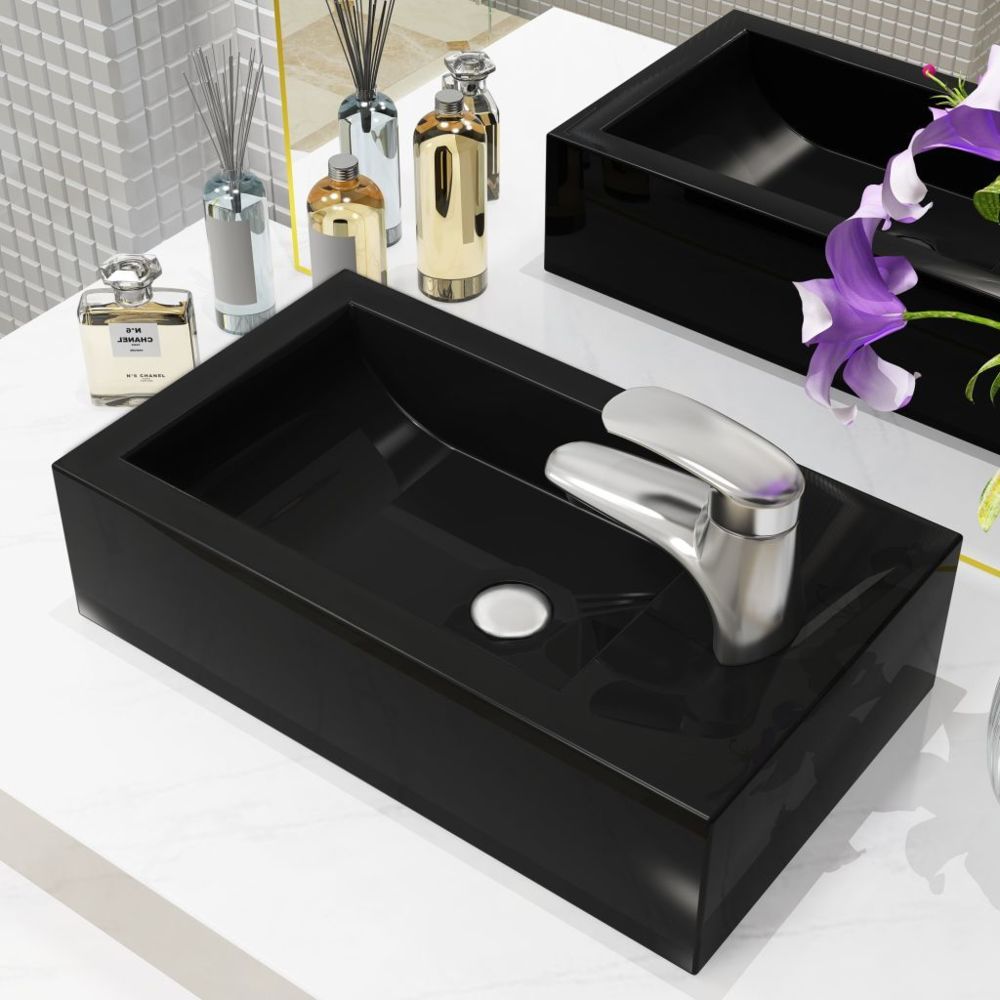 Vidaxl - Vasque avec trou de robinet Céramique Noir 46 x 25,5 x 12 cm - Équipements sanitaires - Éviers et lavabos - Lavabos | Noir | Noir - Lavabo