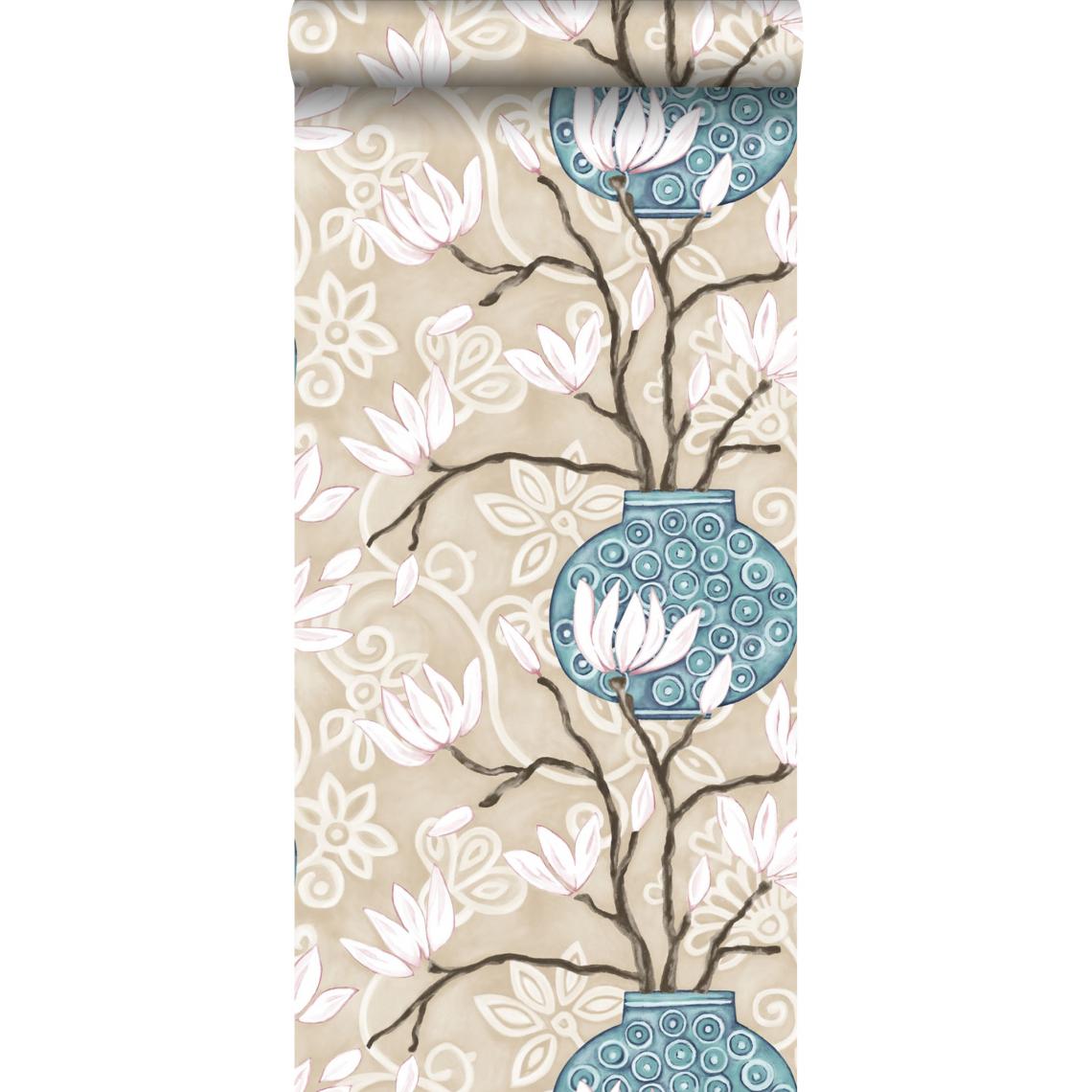 Origin - Origin papier peint magnolia beige et turquoise - 346923 - 53 cm x 10,05 m - Papier peint