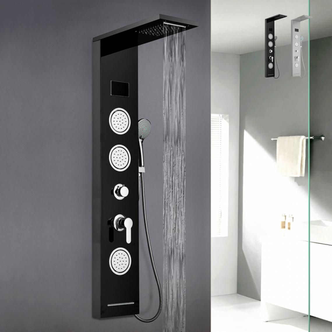 Arati Bath And Shower - Panneau de colonne de douche en acier avec mélangeur de cascade d'hydromassage d'affichage à LED Abano, Couleur: Noir - Colonne de douche