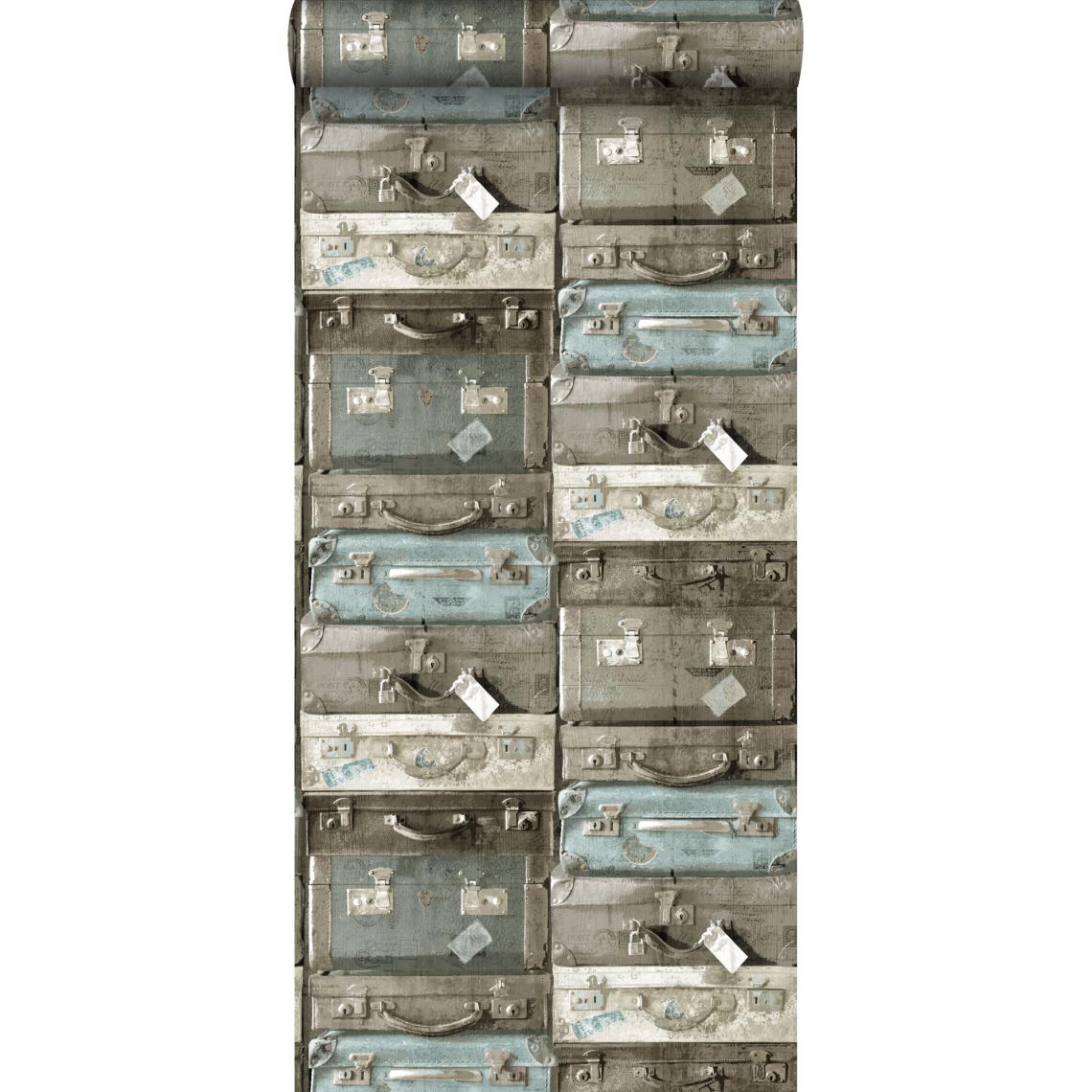 ESTAhome - ESTAhome papier peint valises vintage bleu canard et marron - 138214 - 53 cm x 10,05 m - Papier peint